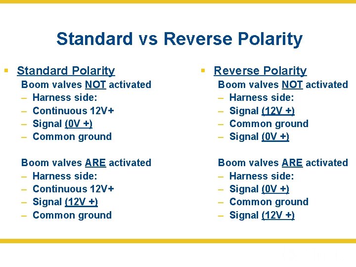 Standard vs Reverse Polarity § Standard Polarity § Reverse Polarity Boom valves NOT activated