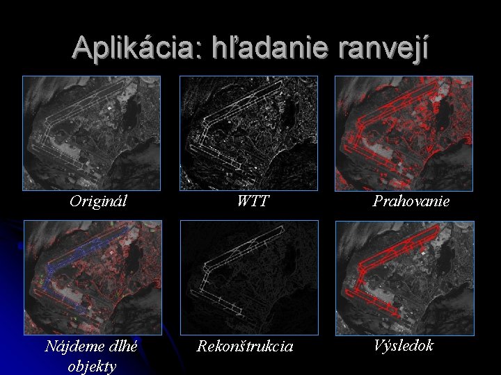 Aplikácia: hľadanie ranvejí Originál Nájdeme dlhé objekty WTT Rekonštrukcia Prahovanie Výsledok 