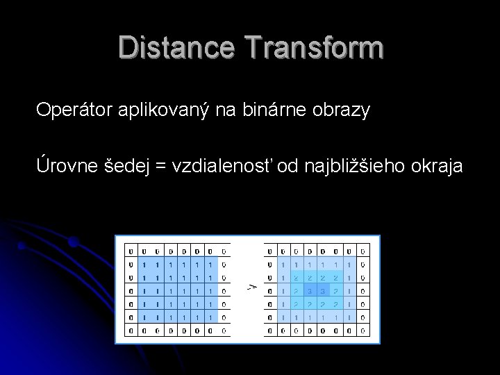 Distance Transform Operátor aplikovaný na binárne obrazy Úrovne šedej = vzdialenosť od najbližšieho okraja