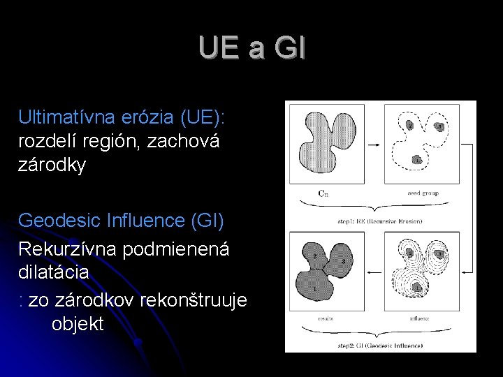 UE a GI Ultimatívna erózia (UE): rozdelí región, zachová zárodky Geodesic Influence (GI) Rekurzívna UE a GI Ultimatívna erózia (UE): rozdelí región, zachová zárodky Geodesic Influence (GI) Rekurzívna