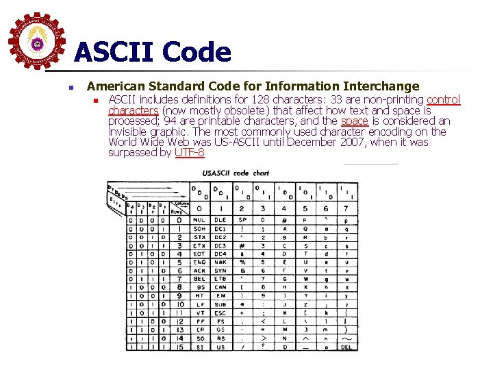 ASCII Code n American Standard Code for Information Interchange n ASCII includes definitions for