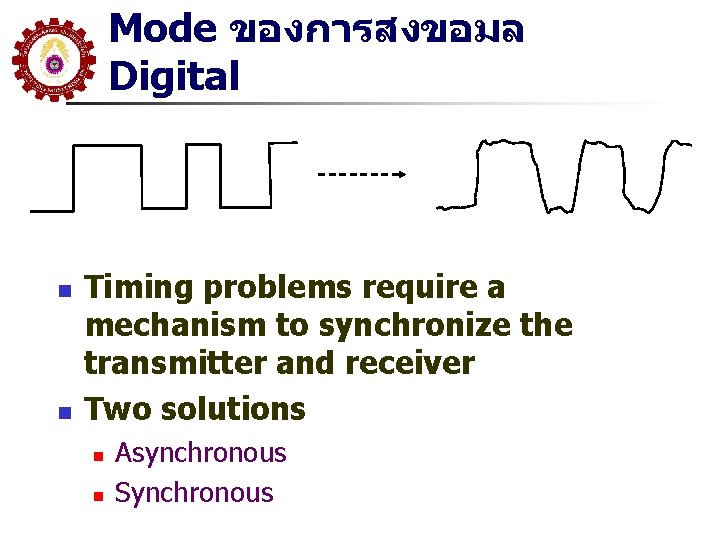 Mode ของการสงขอมล Digital n n Timing problems require a mechanism to synchronize the transmitter