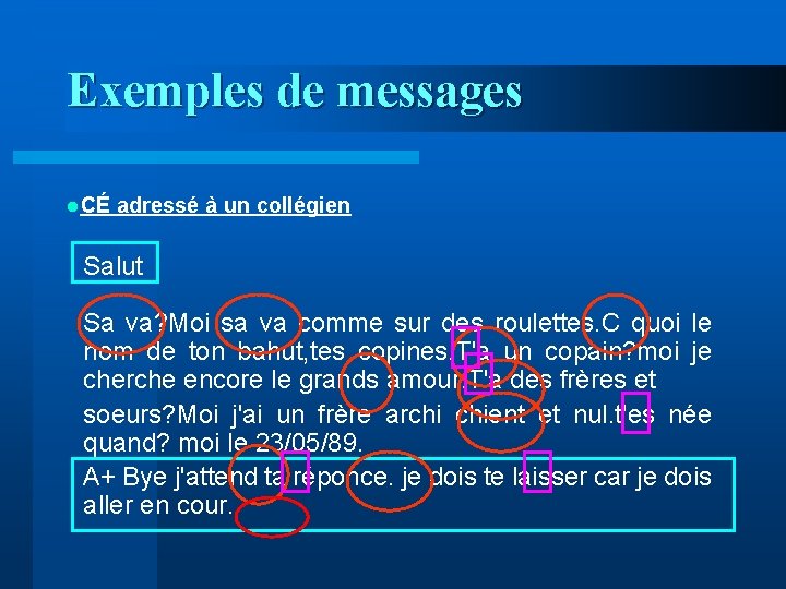 Exemples de messages l. CÉ adressé à un collégien Salut Sa va? Moi sa