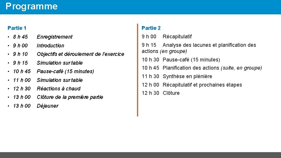 Programme Partie 2 Partie 1 • 8 h 45 Enregistrement 9 h 00 Récapitulatif