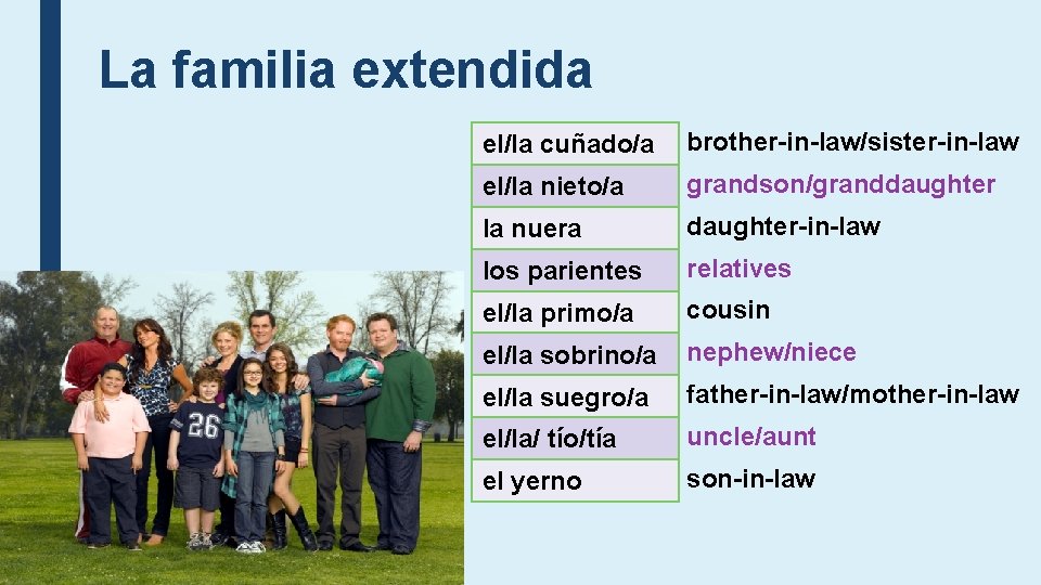 La familia extendida el/la cuñado/a brother-in-law/sister-in-law el/la nieto/a grandson/granddaughter la nuera daughter-in-law los parientes