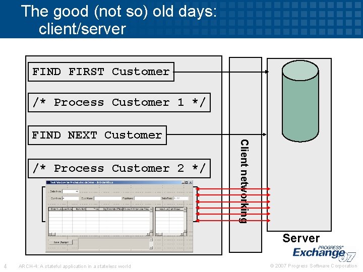 The good (not so) old days: client/server FIND FIRST Customer /* Process Customer 1