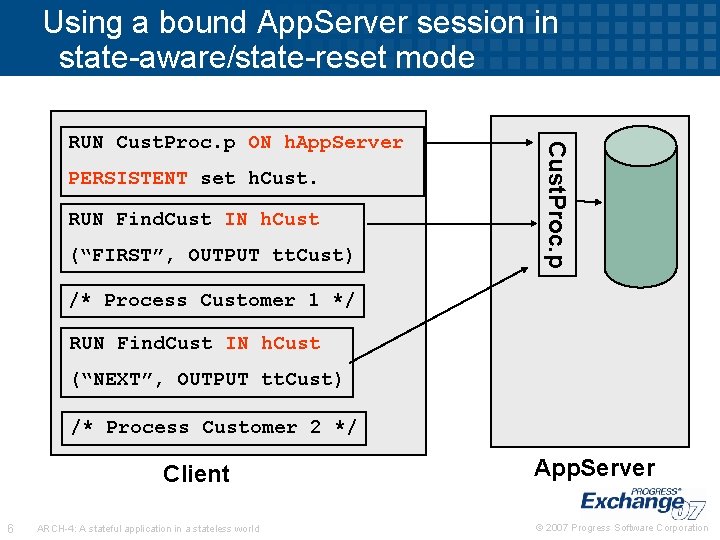 Using a bound App. Server session in state-aware/state-reset mode PERSISTENT set h. Cust. RUN