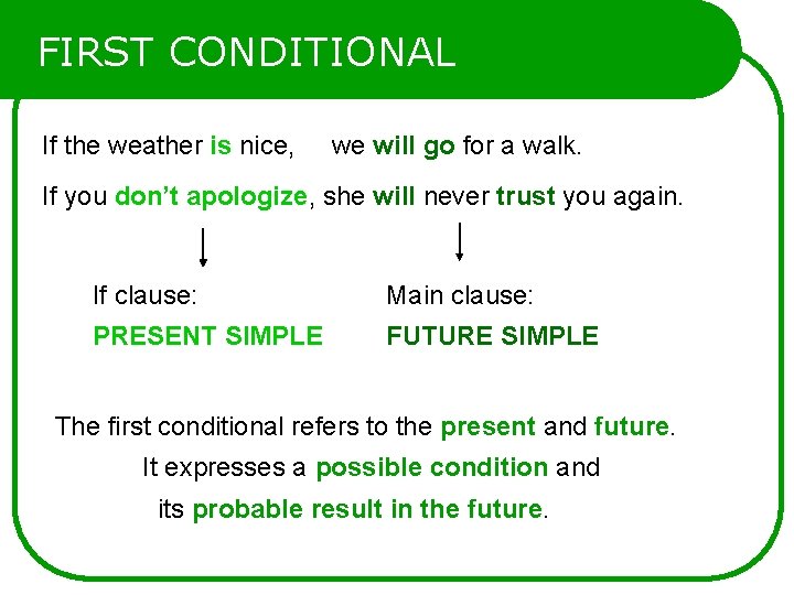 FIRST CONDITIONAL If the weather is nice, we will go for a walk. If