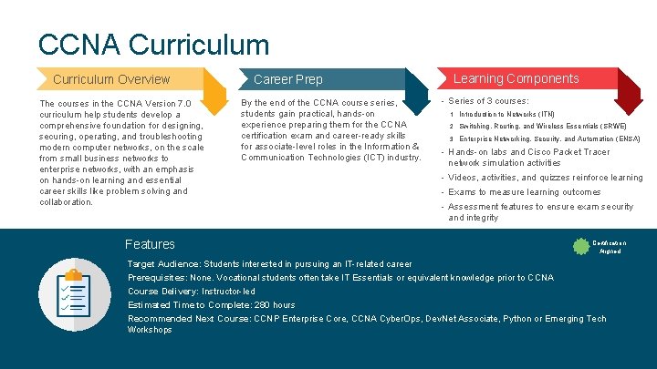CCNA Curriculum Overview The courses in the CCNA Version 7. 0 curriculum help students