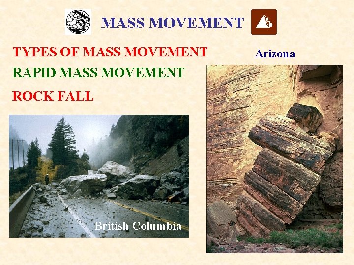 MASS MOVEMENT TYPES OF MASS MOVEMENT RAPID MASS MOVEMENT ROCK FALL British Columbia Arizona