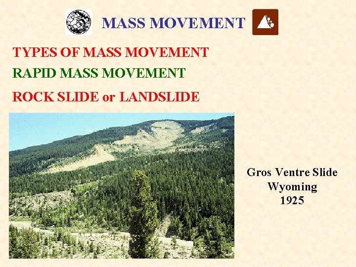 MASS MOVEMENT TYPES OF MASS MOVEMENT RAPID MASS MOVEMENT ROCK SLIDE or LANDSLIDE Gros