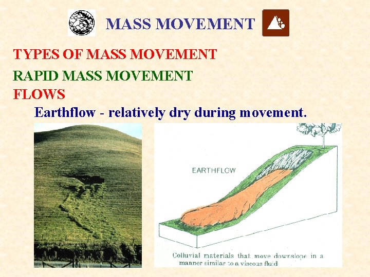 MASS MOVEMENT TYPES OF MASS MOVEMENT RAPID MASS MOVEMENT FLOWS Earthflow - relatively dry