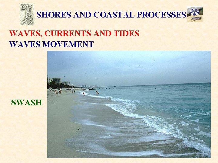 SHORES AND COASTAL PROCESSES WAVES, CURRENTS AND TIDES WAVES MOVEMENT SWASH 