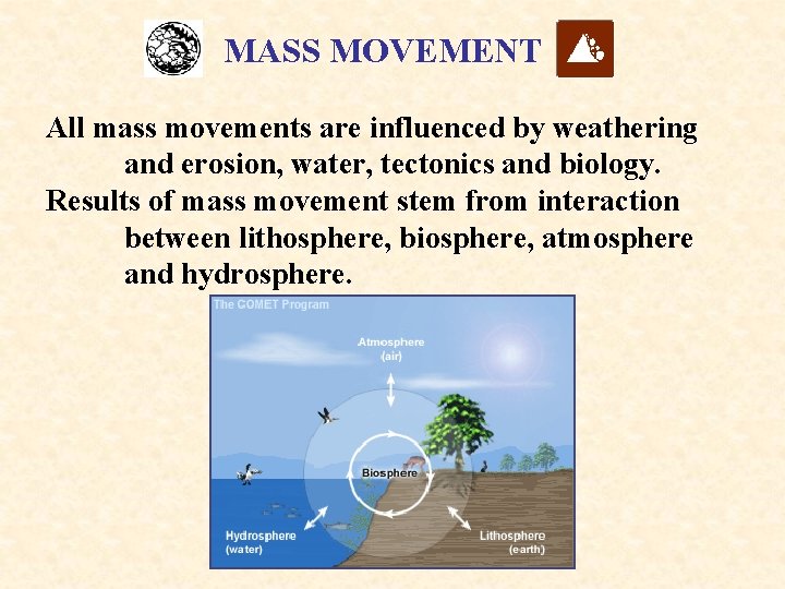 MASS MOVEMENT All mass movements are influenced by weathering and erosion, water, tectonics and