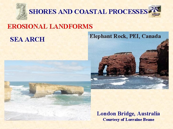 SHORES AND COASTAL PROCESSES EROSIONAL LANDFORMS SEA ARCH Elephant Rock, PEI, Canada London Bridge,