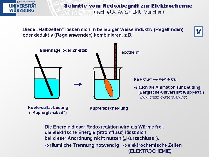 Schritte vom Redoxbegriff zur Elektrochemie (nach M. A. Anton, LMU München) Diese „Halbzellen“ lassen