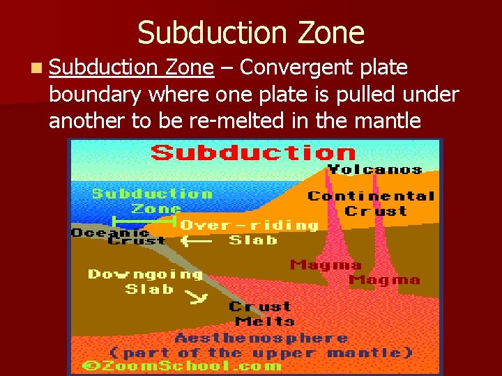 Subduction Zone n Subduction Zone – Convergent plate boundary where one plate is pulled
