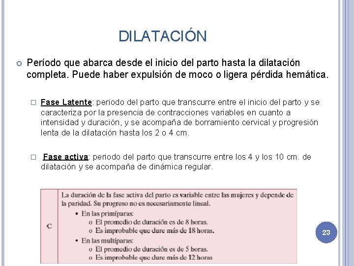 DILATACIÓN Período que abarca desde el inicio del parto hasta la dilatación completa. Puede