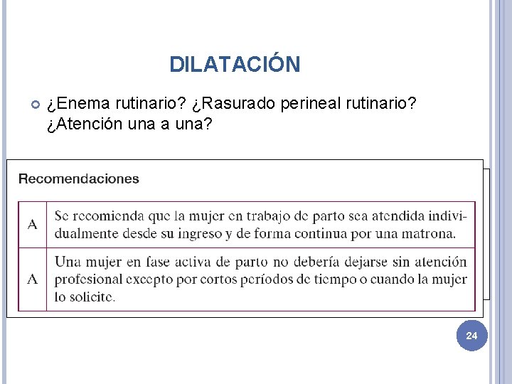 DILATACIÓN ¿Enema rutinario? ¿Rasurado perineal rutinario? ¿Atención una a una? 24 