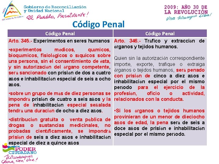 Código Penal Arto. 345. - Experimentos en seres humanos Arto. 346. - Tráfico y