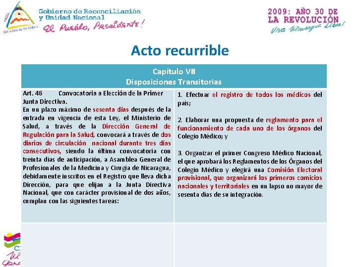 Acto recurrible Capítulo VII Disposiciones Transitorias Art. 46 Convocatoria a Elección de la Primer
