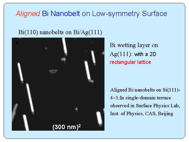 Aligned Bi Nanobelt on Low-symmetry Surface Bi(110) nanobelts on Bi/Ag(111) Bi wetting layer on