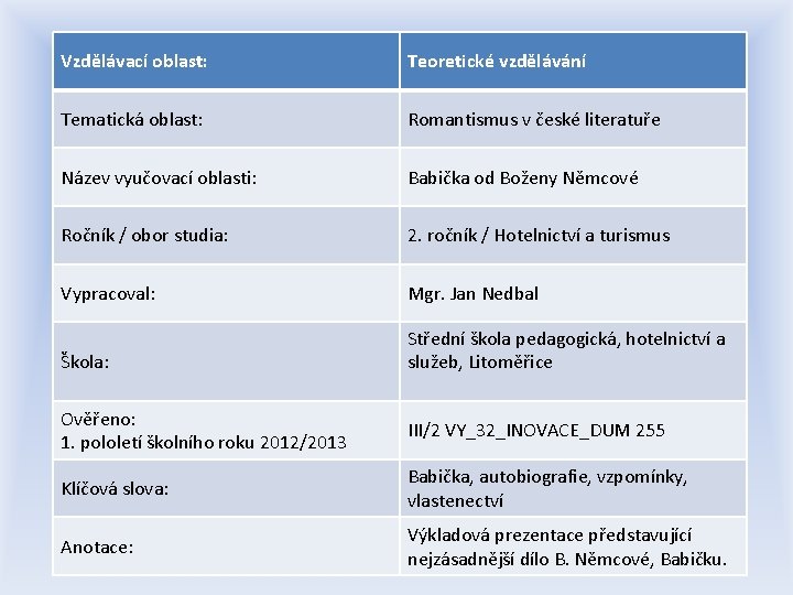 Vzdělávací oblast: Teoretické vzdělávání Tematická oblast: Romantismus v české literatuře Název vyučovací oblasti: Babička