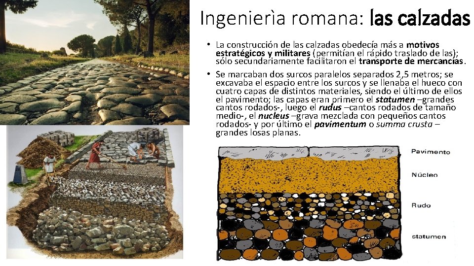 Ingenierìa romana: las calzadas • La construcción de las calzadas obedecía más a motivos