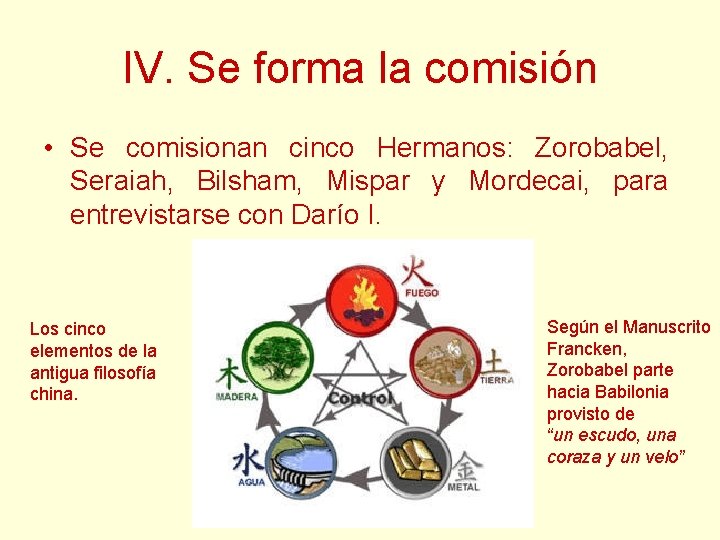 IV. Se forma la comisión • Se comisionan cinco Hermanos: Zorobabel, Seraiah, Bilsham, Mispar IV. Se forma la comisión • Se comisionan cinco Hermanos: Zorobabel, Seraiah, Bilsham, Mispar
