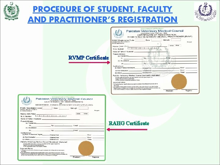 PROCEDURE OF STUDENT, FACULTY AND PRACTITIONER’S REGISTRATION RVMP Certificate RAHG Certificate 