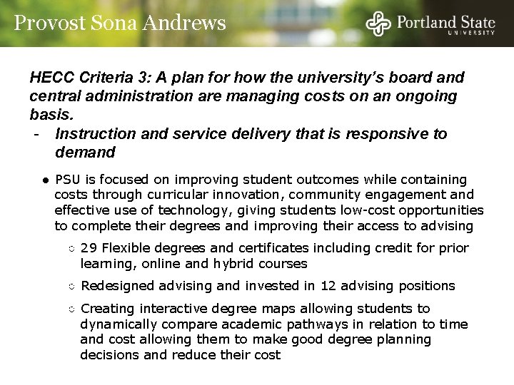 Provost Sona Andrews HECC Criteria 3: A plan for how the university’s board and