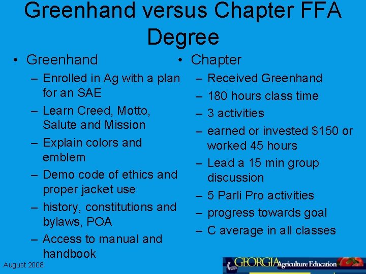 Greenhand versus Chapter FFA Degree • Greenhand • Chapter – Enrolled in Ag with