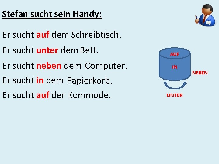 Stefan sucht sein Handy: Er sucht auf dem Schreibtisch. Er sucht unter dem Bett.