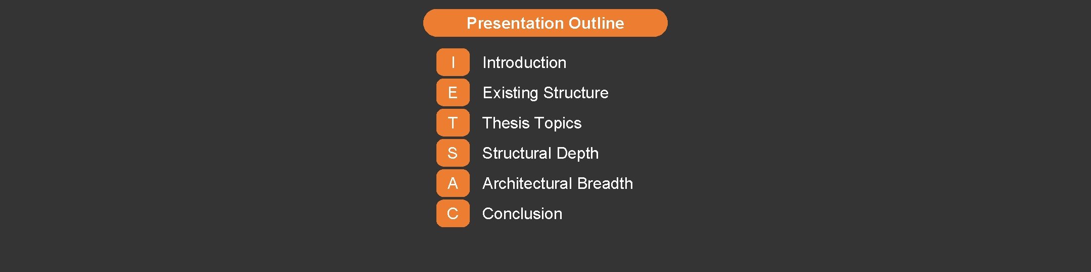 Presentation Outline I Introduction E Existing Structure T Thesis Topics S Structural Depth A