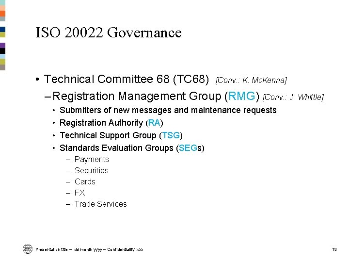ISO 20022 Governance • Technical Committee 68 (TC 68) [Conv. : K. Mc. Kenna]