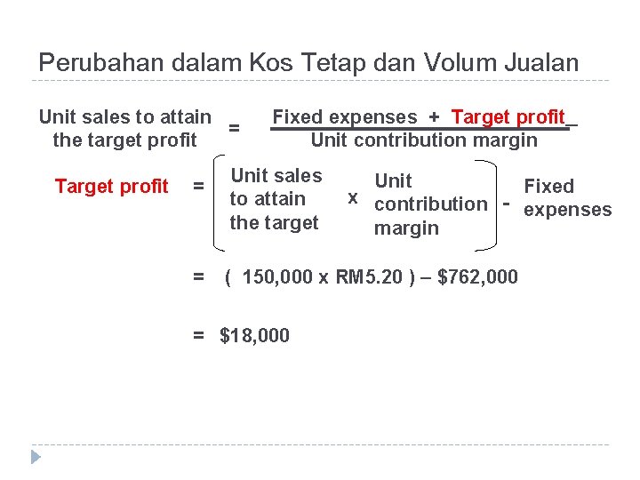 Perubahan dalam Kos Tetap dan Volum Jualan Unit sales to attain = the target