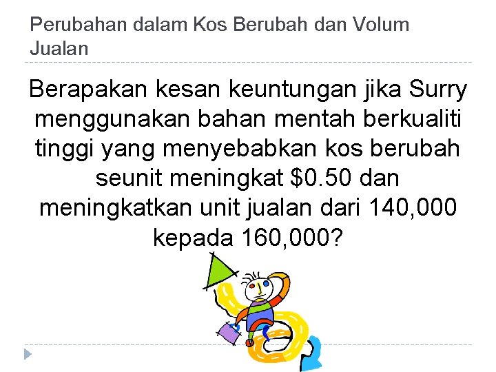 Perubahan dalam Kos Berubah dan Volum Jualan Berapakan kesan keuntungan jika Surry menggunakan bahan