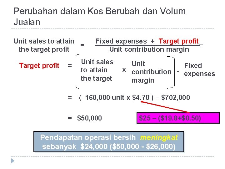 Perubahan dalam Kos Berubah dan Volum Jualan Unit sales to attain = the target
