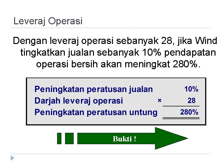 Leveraj Operasi Dengan leveraj operasi sebanyak 28, jika Wind tingkatkan jualan sebanyak 10% pendapatan