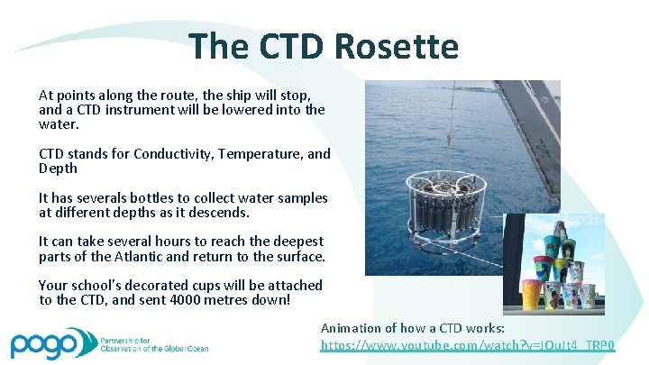 The CTD Rosette At points along the route, the ship will stop, and a