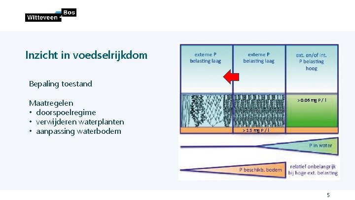 Inzicht in voedselrijkdom Bepaling toestand Maatregelen • doorspoelregime • verwijderen waterplanten • aanpassing waterbodem Inzicht in voedselrijkdom Bepaling toestand Maatregelen • doorspoelregime • verwijderen waterplanten • aanpassing waterbodem