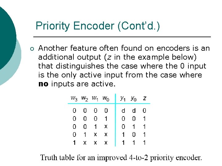 Priority Encoder (Cont’d. ) ¡ Another feature often found on encoders is an additional