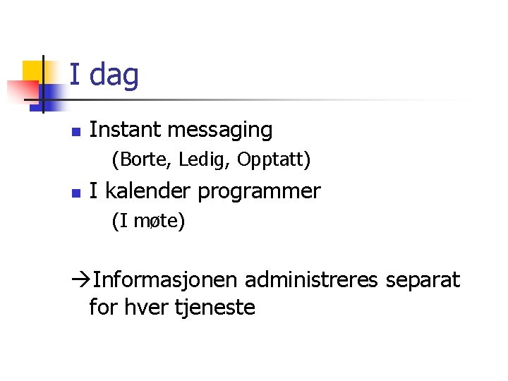 I dag n Instant messaging (Borte, Ledig, Opptatt) n I kalender programmer (I møte)