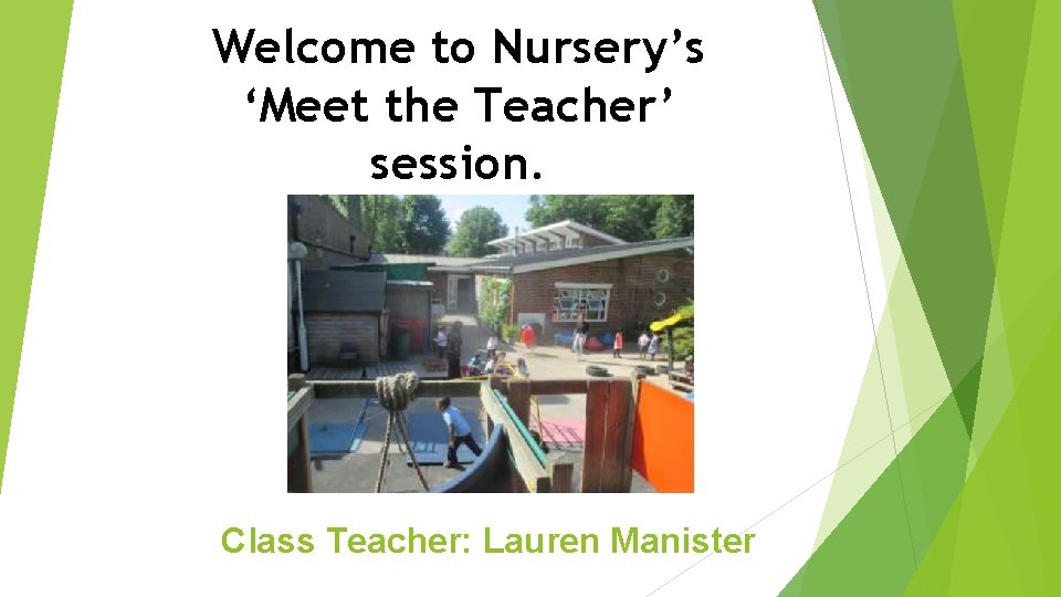 Welcome to Nursery’s ‘Meet the Teacher’ session. Class Teacher: Lauren Manister 