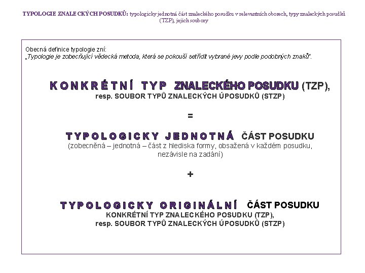 TYPOLOGIE ZNALECKÝCH POSUDKŮ: typologicky jednotná část znaleckého posudku v relevantních oborech, typy znaleckých posudků