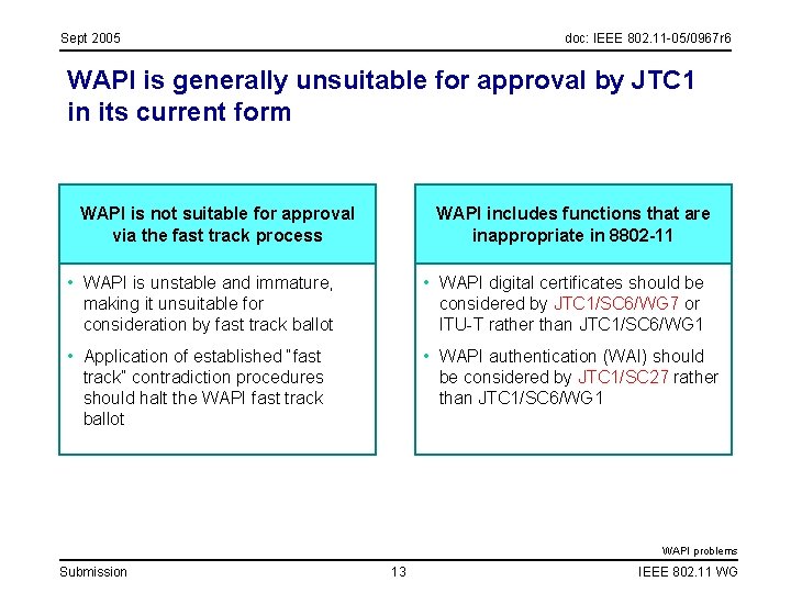 Sept 2005 doc: IEEE 802. 11 -05/0967 r 6 WAPI is generally unsuitable for