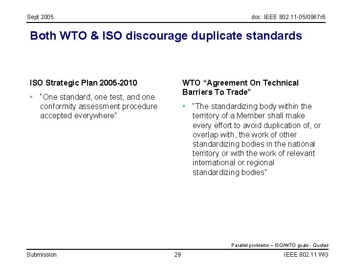 Sept 2005 doc: IEEE 802. 11 -05/0967 r 6 Both WTO & ISO discourage