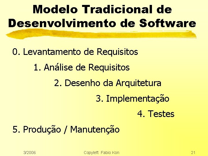 Modelo Tradicional de Desenvolvimento de Software 0. Levantamento de Requisitos 1. Análise de Requisitos