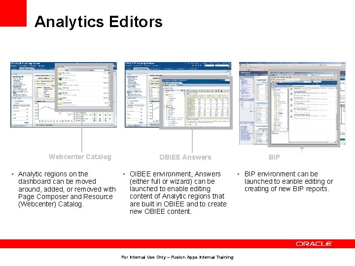 Analytics Editors Webcenter Catalog • Analytic regions on the dashboard can be moved around,