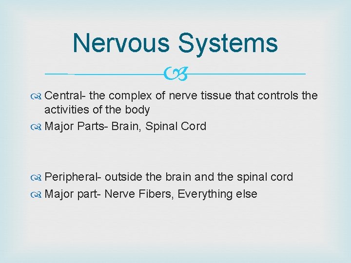 Nervous Systems Central- the complex of nerve tissue that controls the activities of the